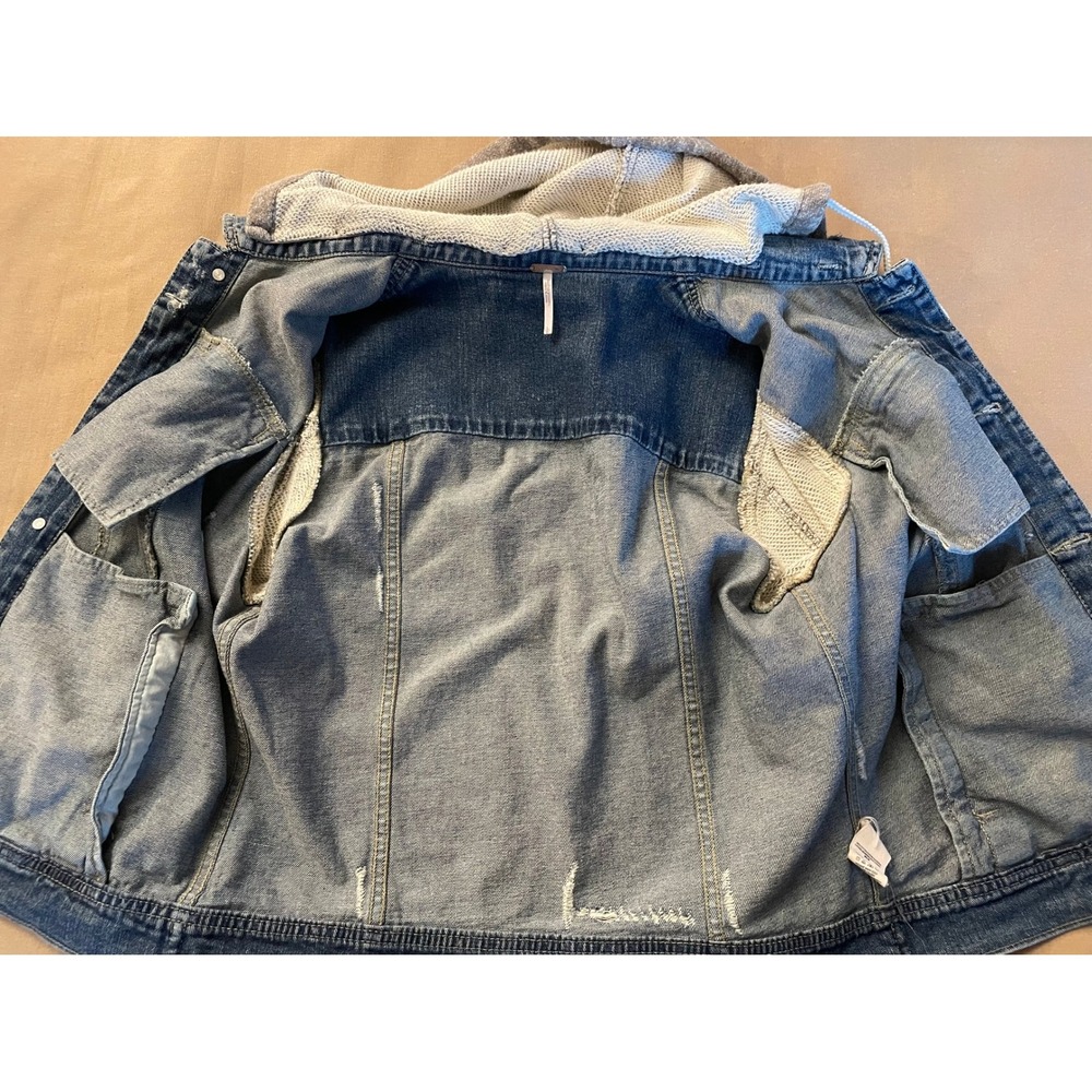Free People Knit Hooded Denim Jacket Size L Distressed Jean Jacket Tomboy Edgy - Picture 5 of 14